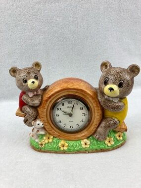 VTG Ceramic Child’s Whimsical Bears on Seesaw Alarm Clock 9” Japan Wind Up